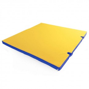 Мат гимнастический, квадратный, с вырезами под стойки. Длина 1 м, ширина 1 м, толщина 8 см синий-желтый   в Приобье - priobie.ok-mebel.com | фото